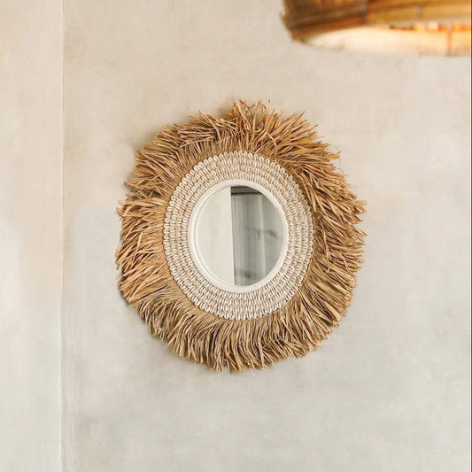 De raffia cowrie-spiegel - natuurwit