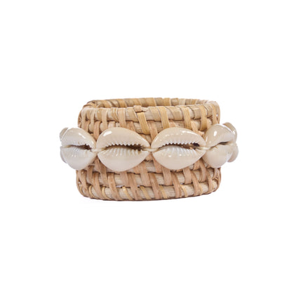 Rotan servetring met schelp - natuurwit - set van 4