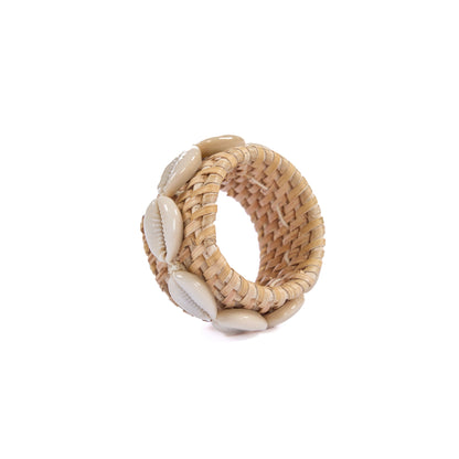 Rotan servetring met schelp - natuurwit - set van 4