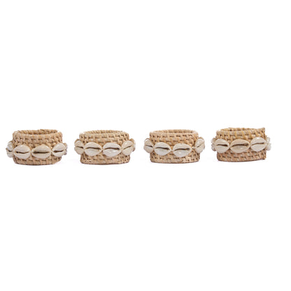 Rotan servetring met schelp - natuurwit - set van 4