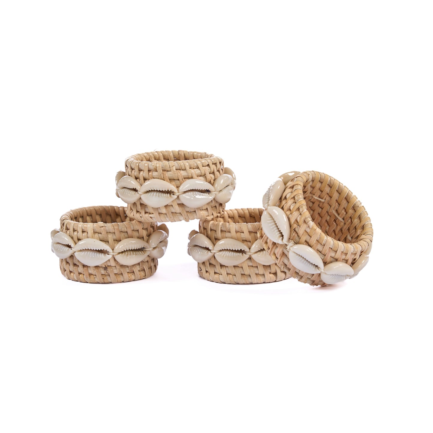 Rotan servetring met schelp - natuurwit - set van 4