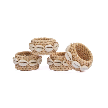 Rotan servetring met schelp - natuurwit - set van 4